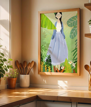 Serene illustration of a woman in nature with tropical leaves
