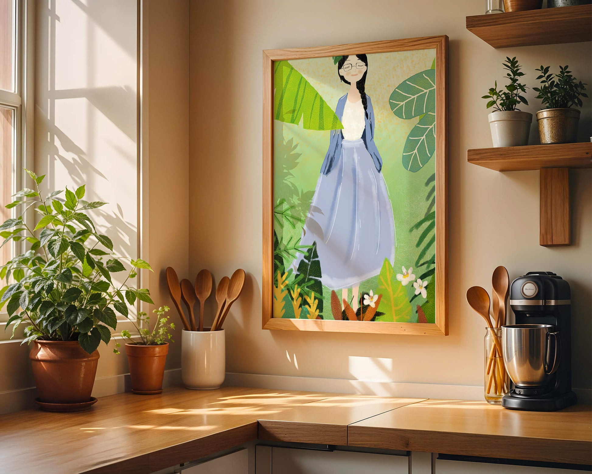Serene illustration of a woman in nature with tropical leaves