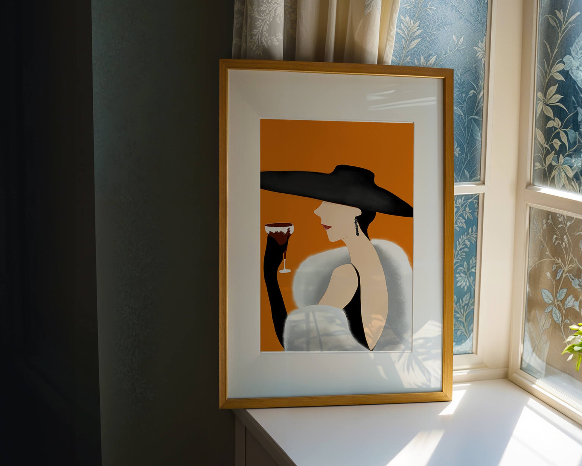 Elegant Woman in Black Hat and White Fur with Wine Glass