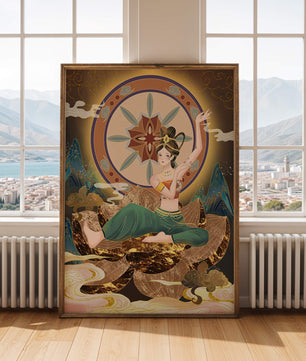 Elegant illustration of a serene woman in traditional clothing with a golden backdrop