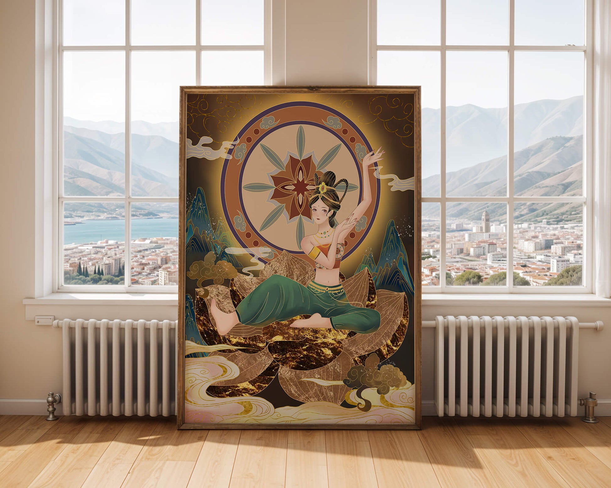 Elegant illustration of a serene woman in traditional clothing with a golden backdrop