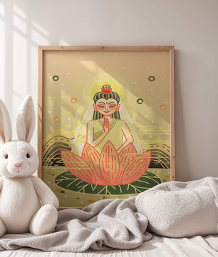 Heitere Illustration einer meditativen Figur auf einem Lotus mit himmlischem Hintergrund