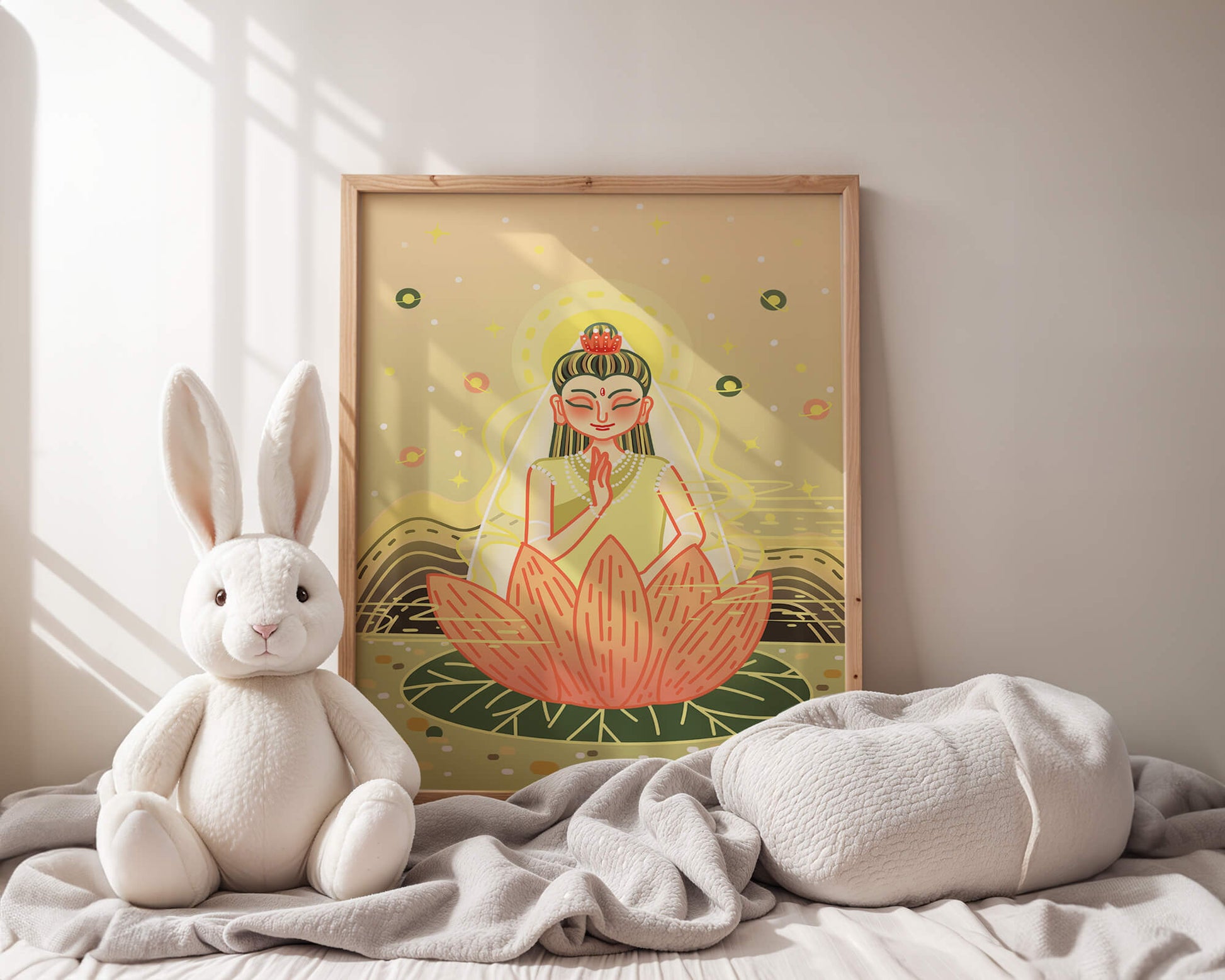 Serene illustration of meditative figure on a lotus with celestial background