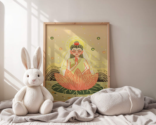 Serene illustration of meditative figure on a lotus with celestial background