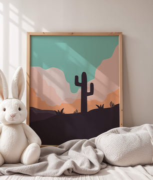 Abstract desert landscape with cactus silhouette at sunset