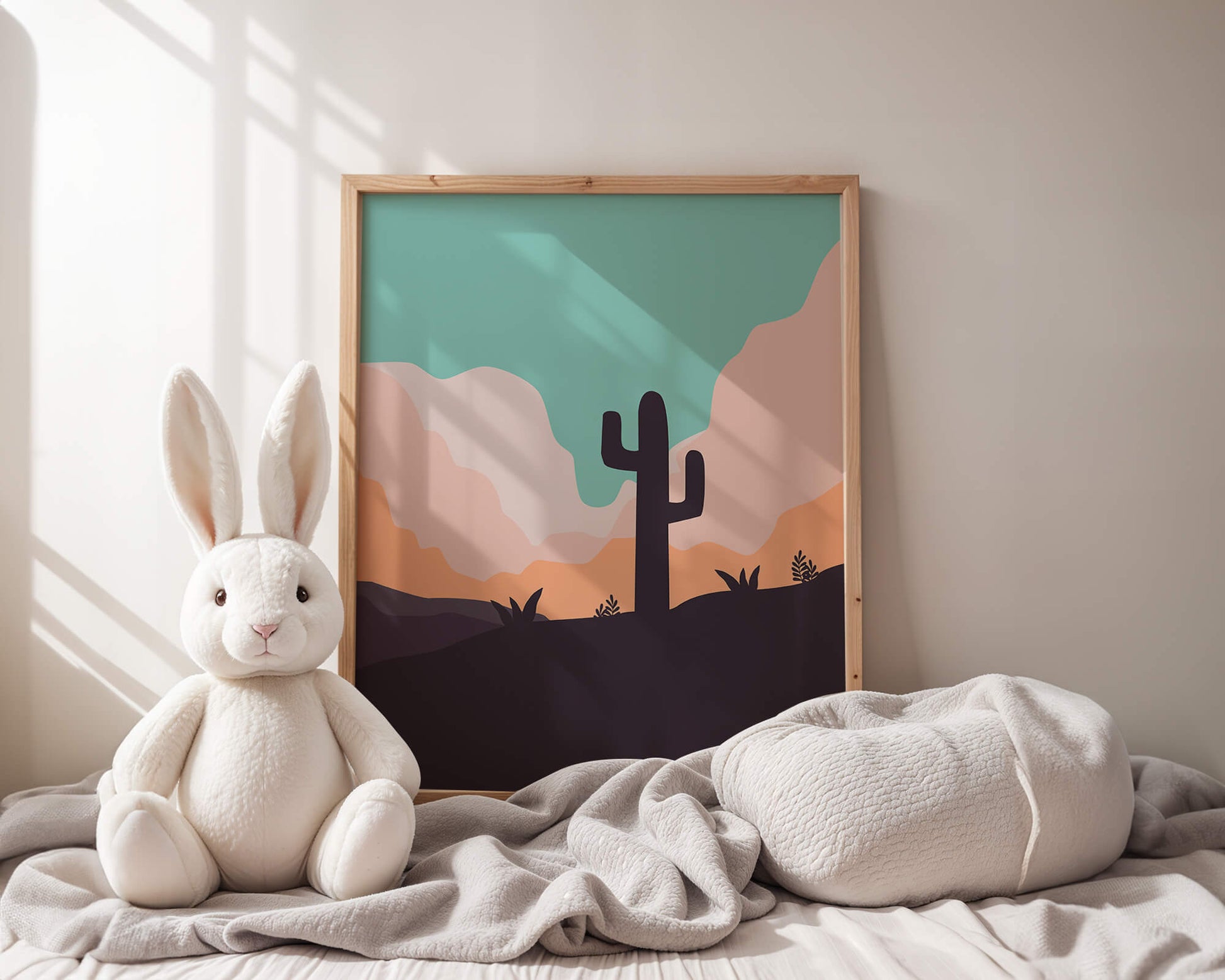 Abstract desert landscape with cactus silhouette at sunset