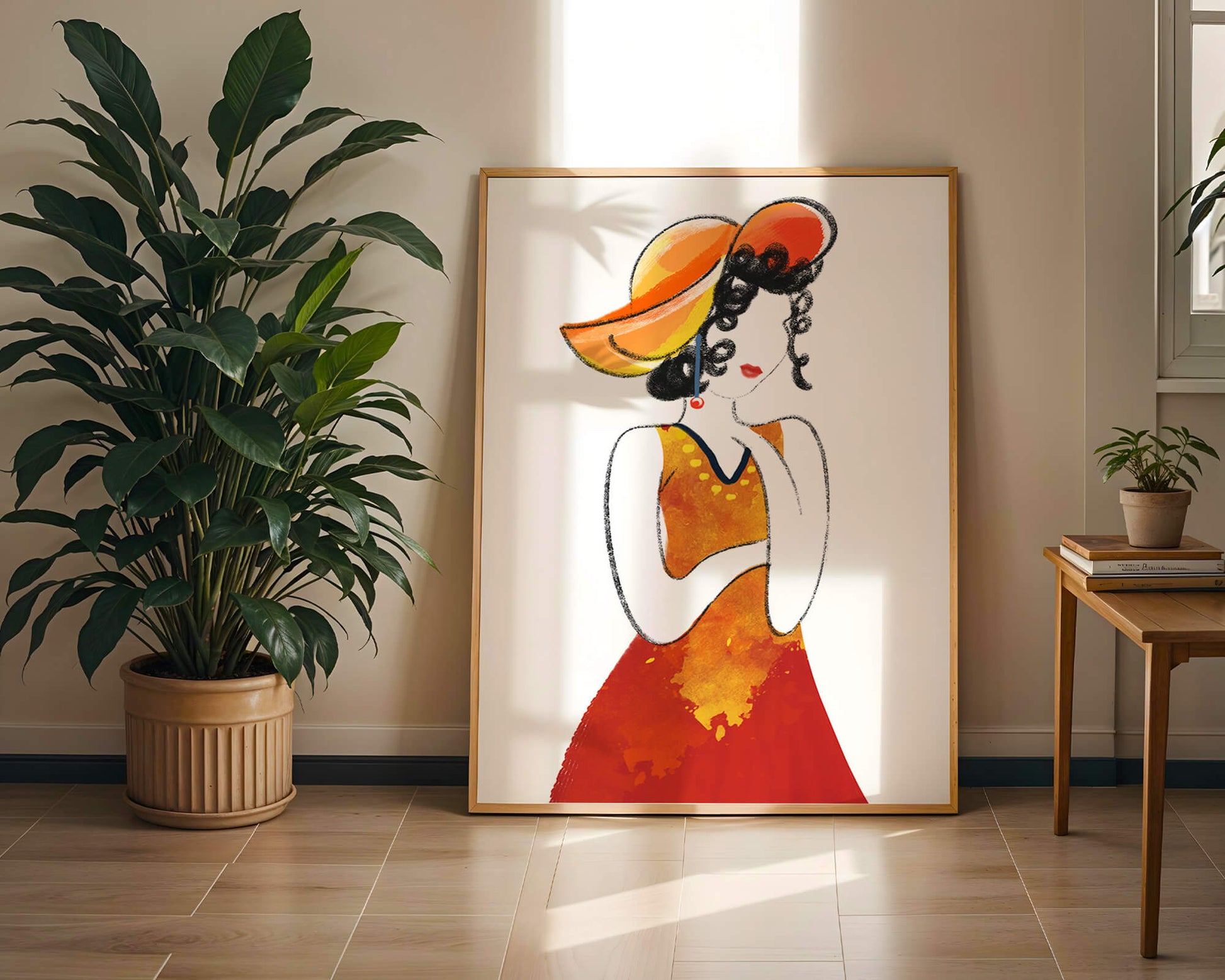 Elegant woman in a vibrant hat and dress illustration