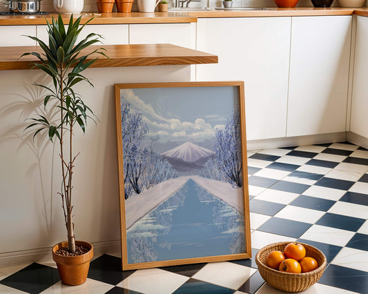 Serene winter landscape with mountain and snowy trees reflecting in water
