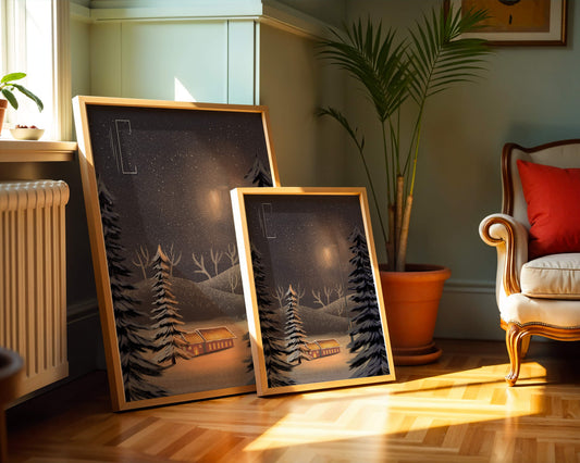 Snowy night scene with cabin and trees