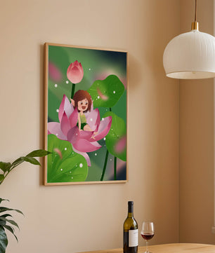 Charming fairy sitting on a blooming pink lotus in a magical garden