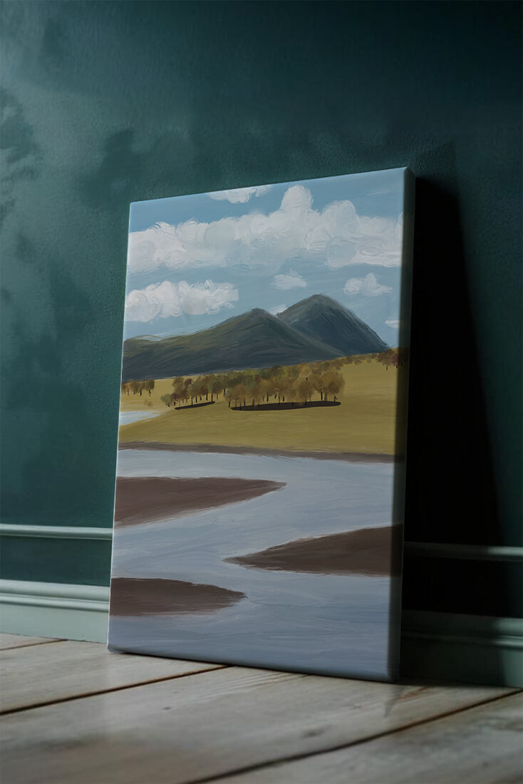 Serene Landscape with Mountains, Trees, and River