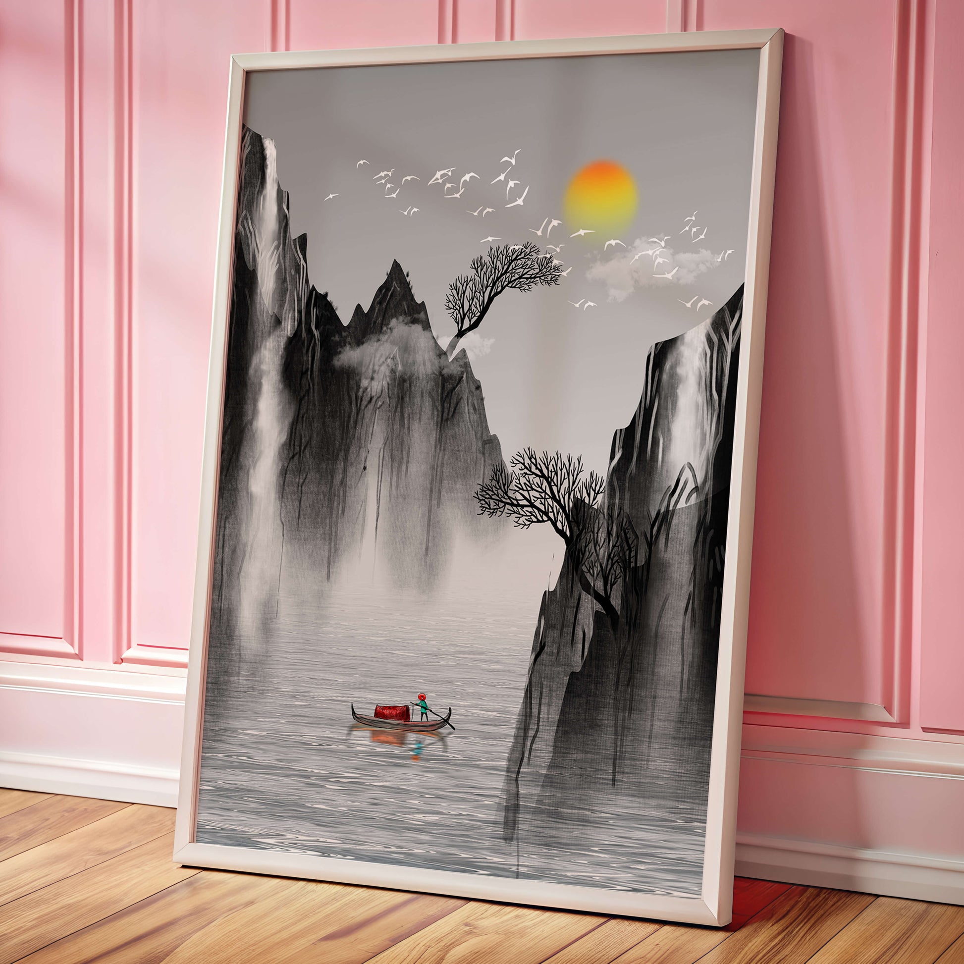 Serene landscape with mountains, river, and a boat under the sun