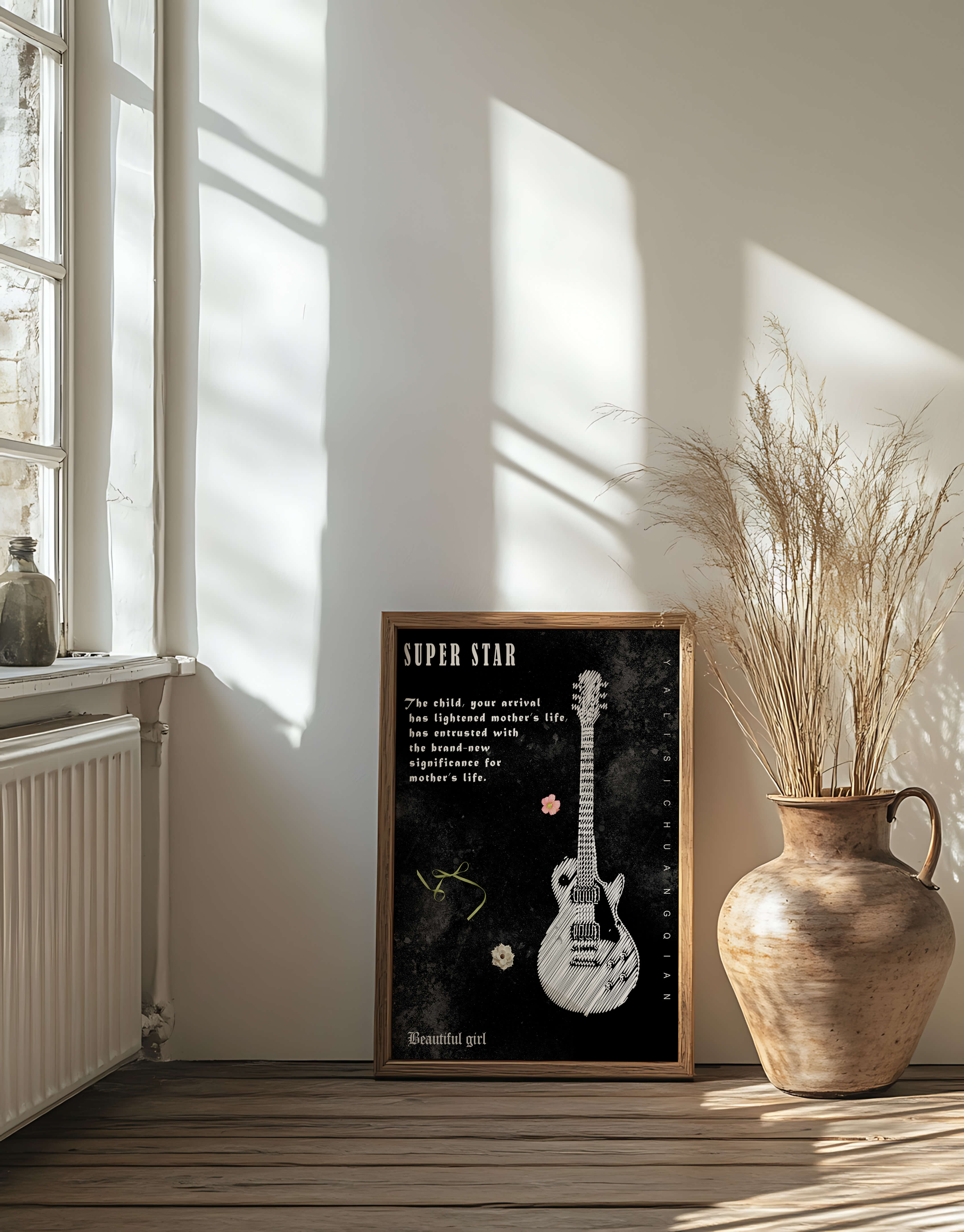 Artistic black and white guitar illustration with heartfelt text