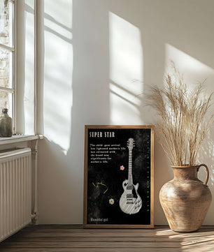 Ilustración de guitarra en blanco y negro artística con texto conmovedor