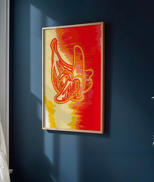 Abstract banana art with vibrant red and orange hues