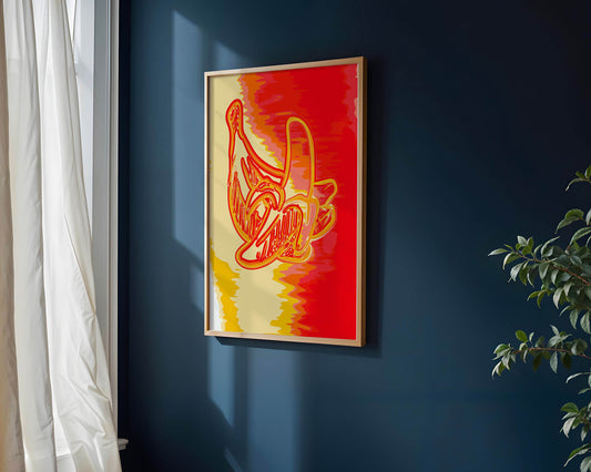 Abstract banana art with vibrant red and orange hues