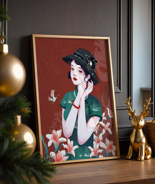 Elegant woman in vintage attire with floral hat and lilies