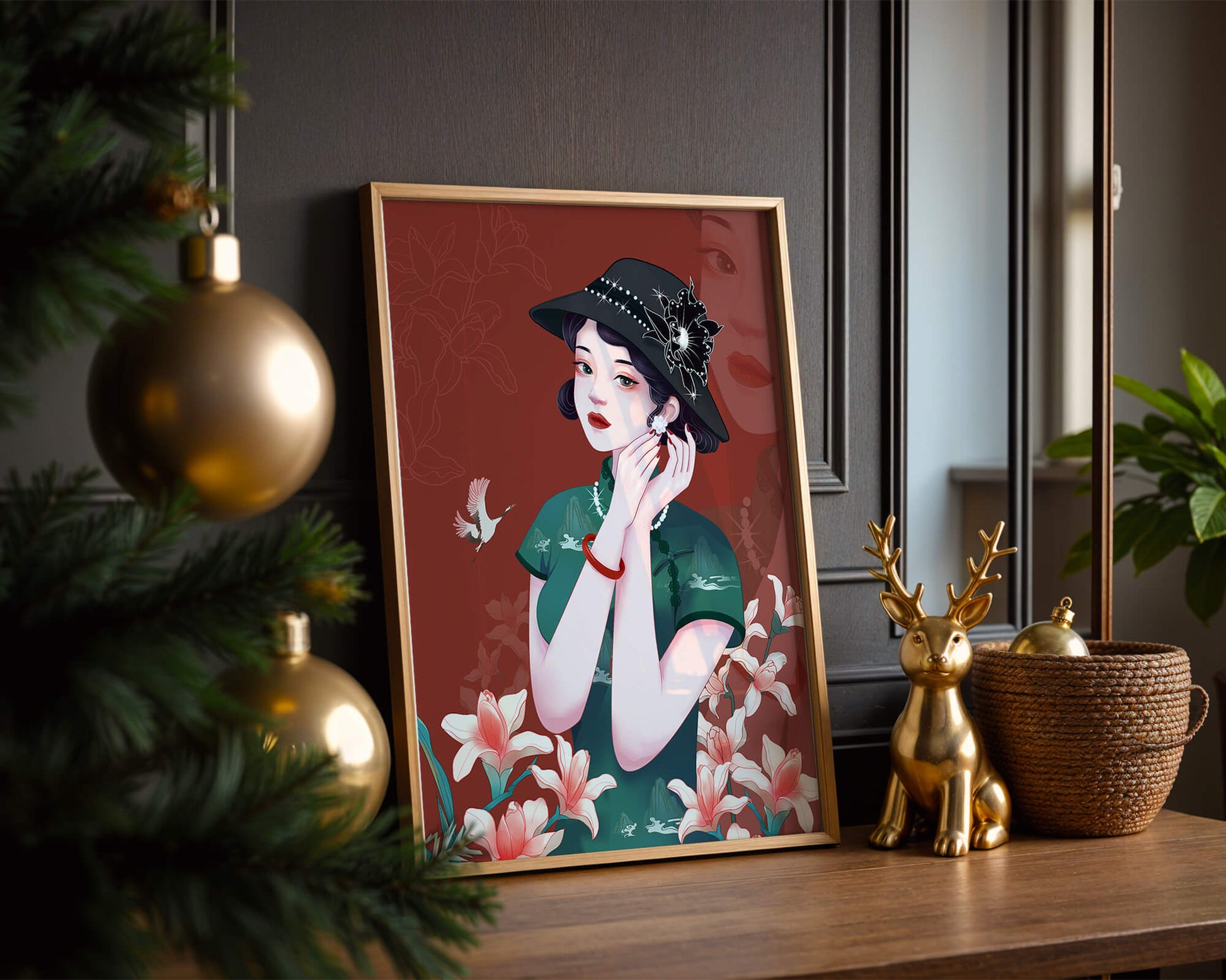 Elegant woman in vintage attire with floral hat and lilies