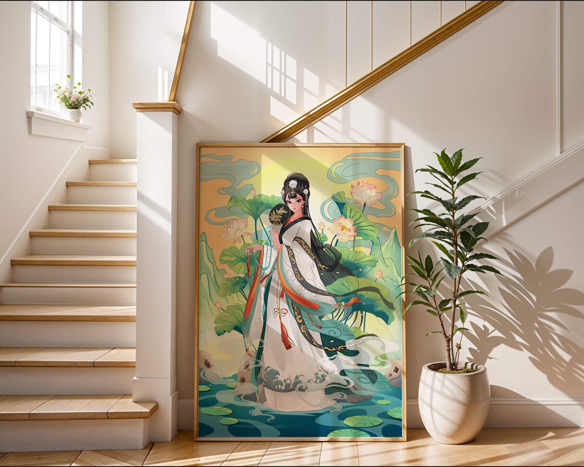 Elegant woman in traditional attire with lotus flowers and serene backdrop