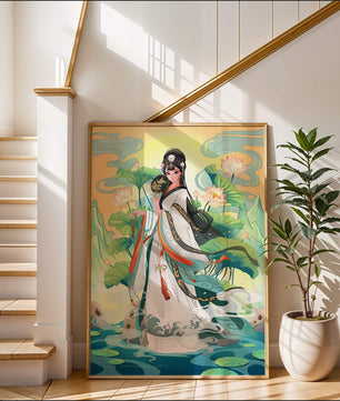 Femme élégante en tenue traditionnelle avec des fleurs de lotus et un décor serein