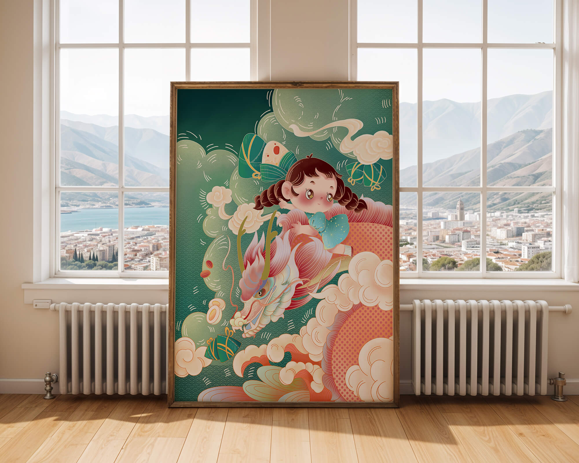 Whimsical scene of a girl riding a dragon through clouds
