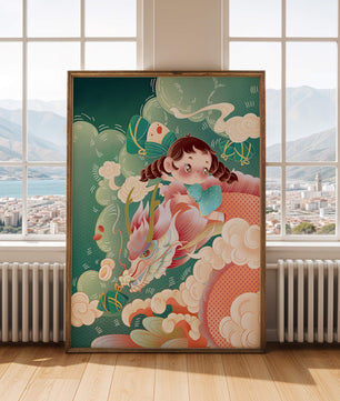 Whimsical scene of a girl riding a dragon through clouds