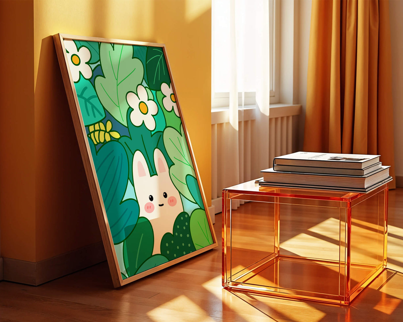 Illustration of a cute rabbit hidden among flowers and greenery