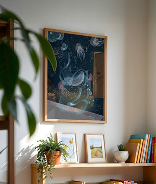 Tema de cuarto submarino con medusas y una puerta