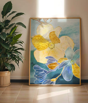Arte floral abstracto con detalles dorados y tonos azules