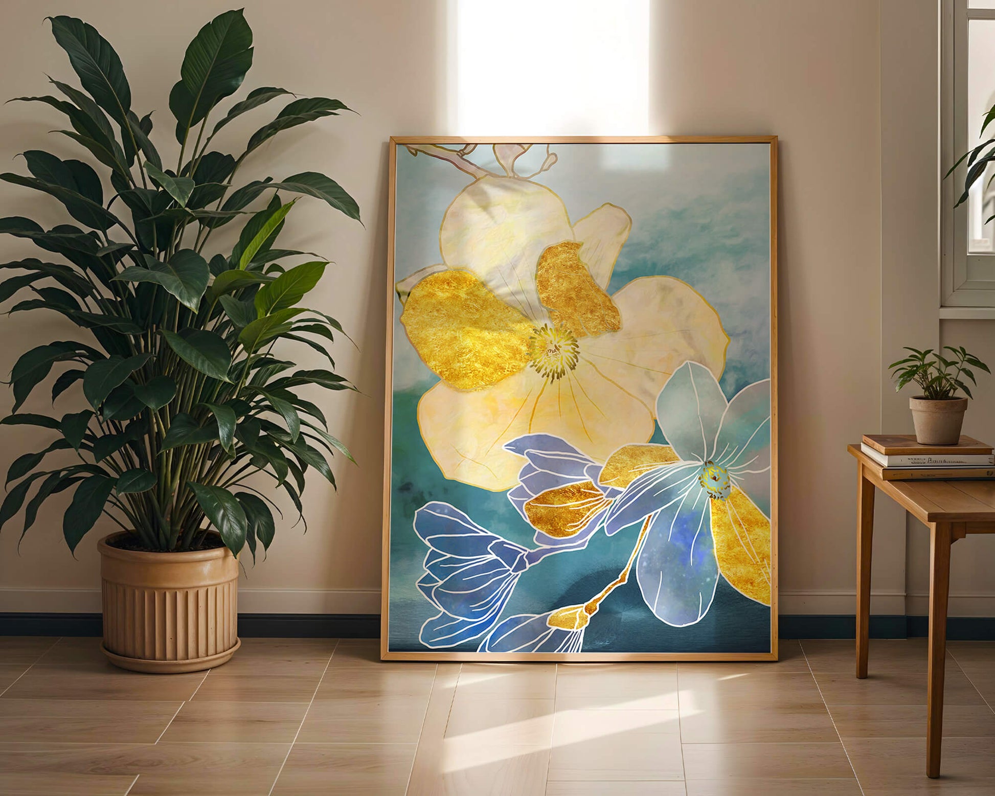 Arte floral abstracto con detalles dorados y tonos azules