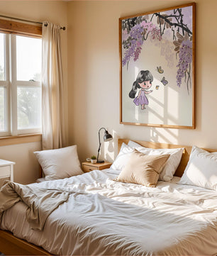 Charmante Illustration eines kleinen Mädchens mit Schmetterlingen und Glyzinienblüten