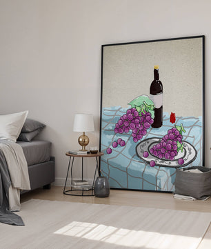 Still Life with Grapes and Wine Bottle on a Checkered Tablecloth - Mi tienda