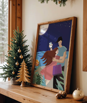 Pareja romántica abrazándose bajo una noche iluminada por la luna