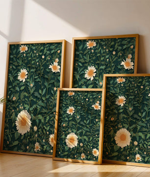 Floral pattern with daisies on a dark green background