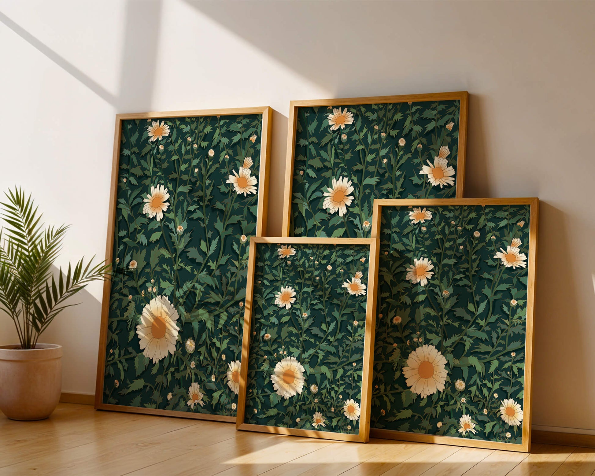 Floral pattern with daisies on a dark green background