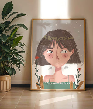 Illustrated girl with a braided crown, floral accents, and expressive features