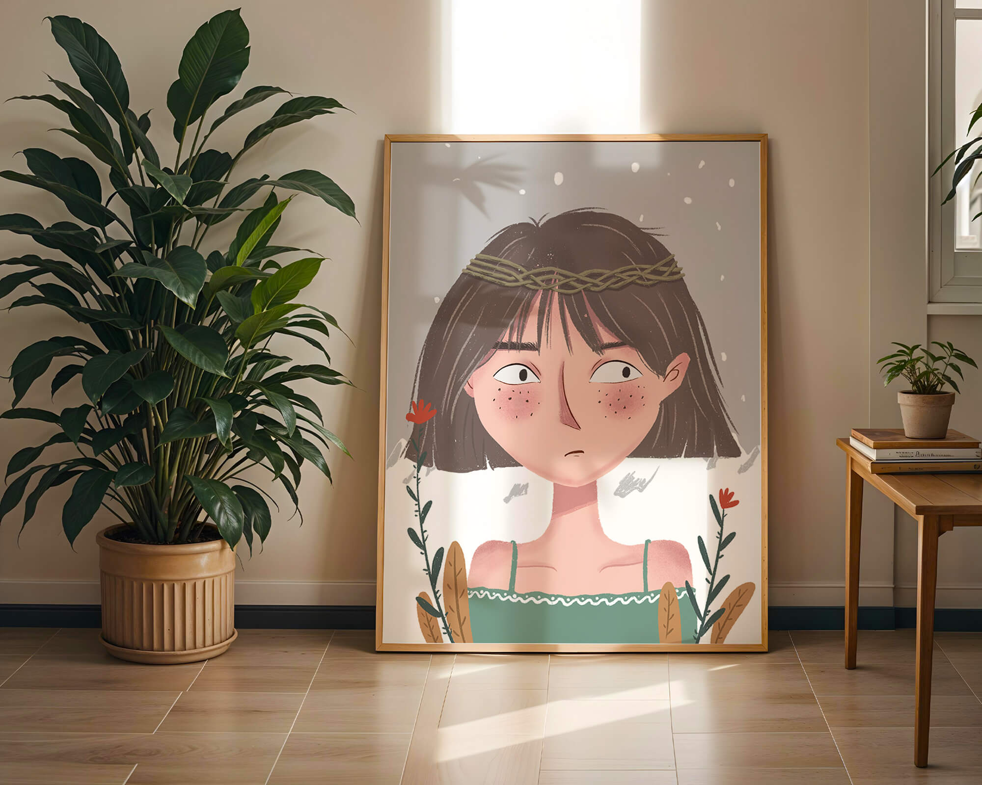Illustrated girl with a braided crown, floral accents, and expressive features