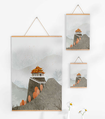Serene mountain landscape with traditional Asian architecture