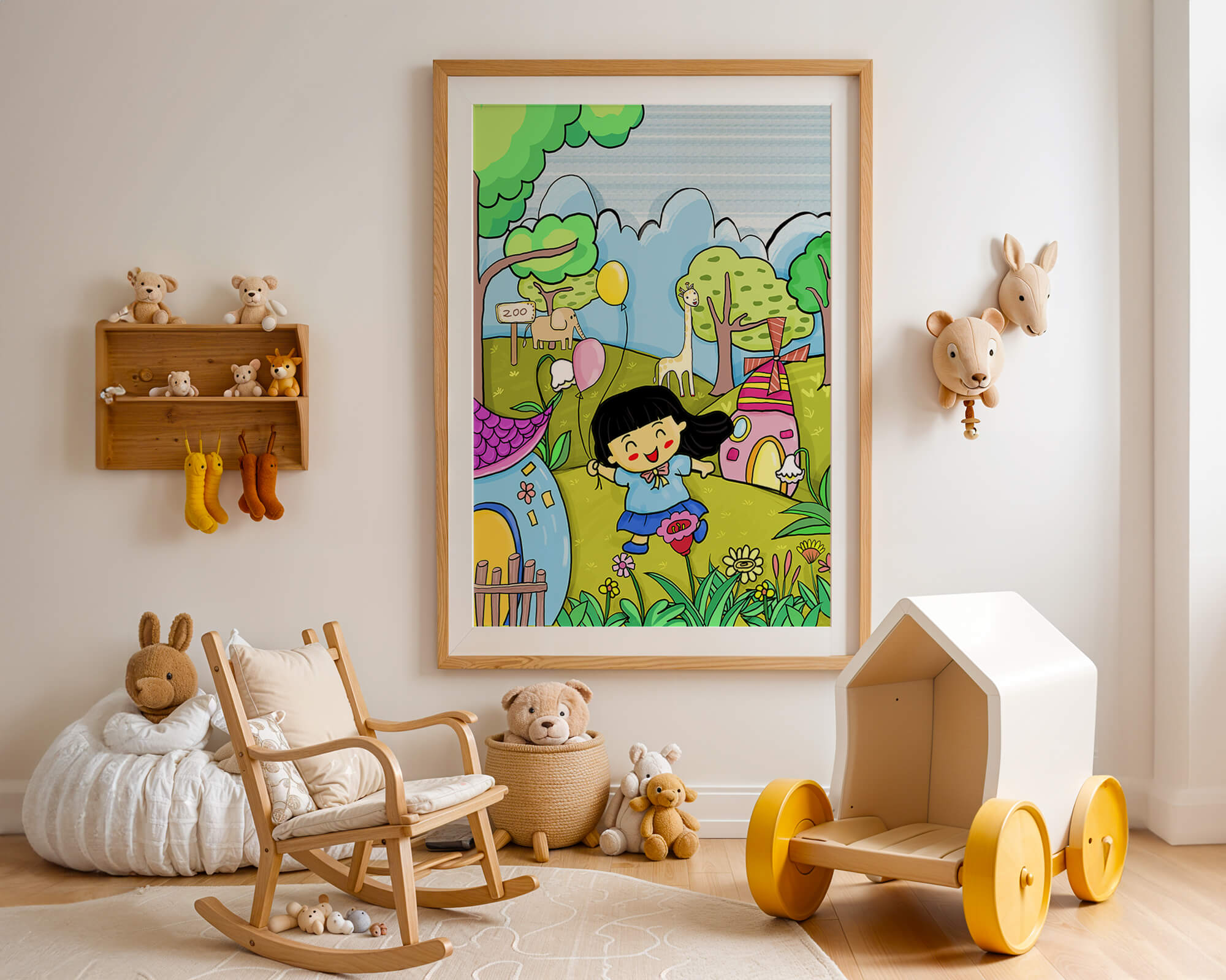 Colorful children's illustration of a joyful zoo visit with animals