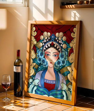 Traditional Asian Portrait with Vibrant Colors and Floral Details