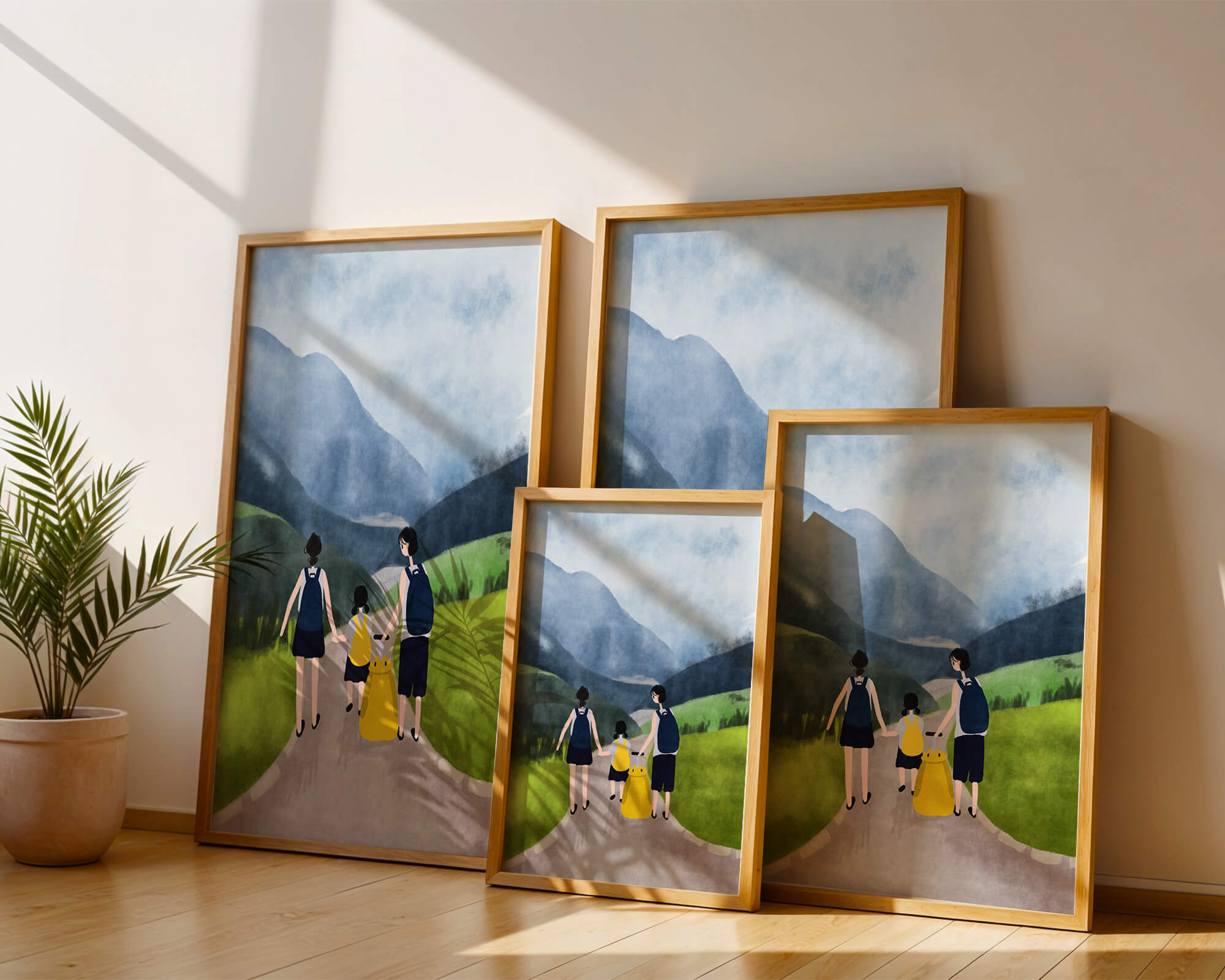Family hiking in scenic mountain landscape with backpacks