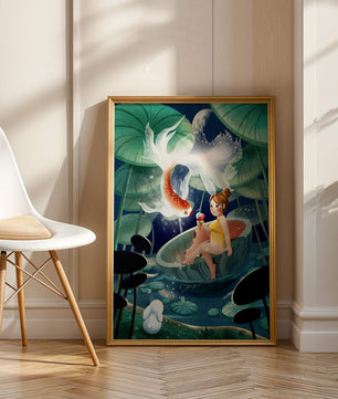 Illustration imaginative d'une fille avec un poisson et un lapin sous des nénuphars illuminés par la lune