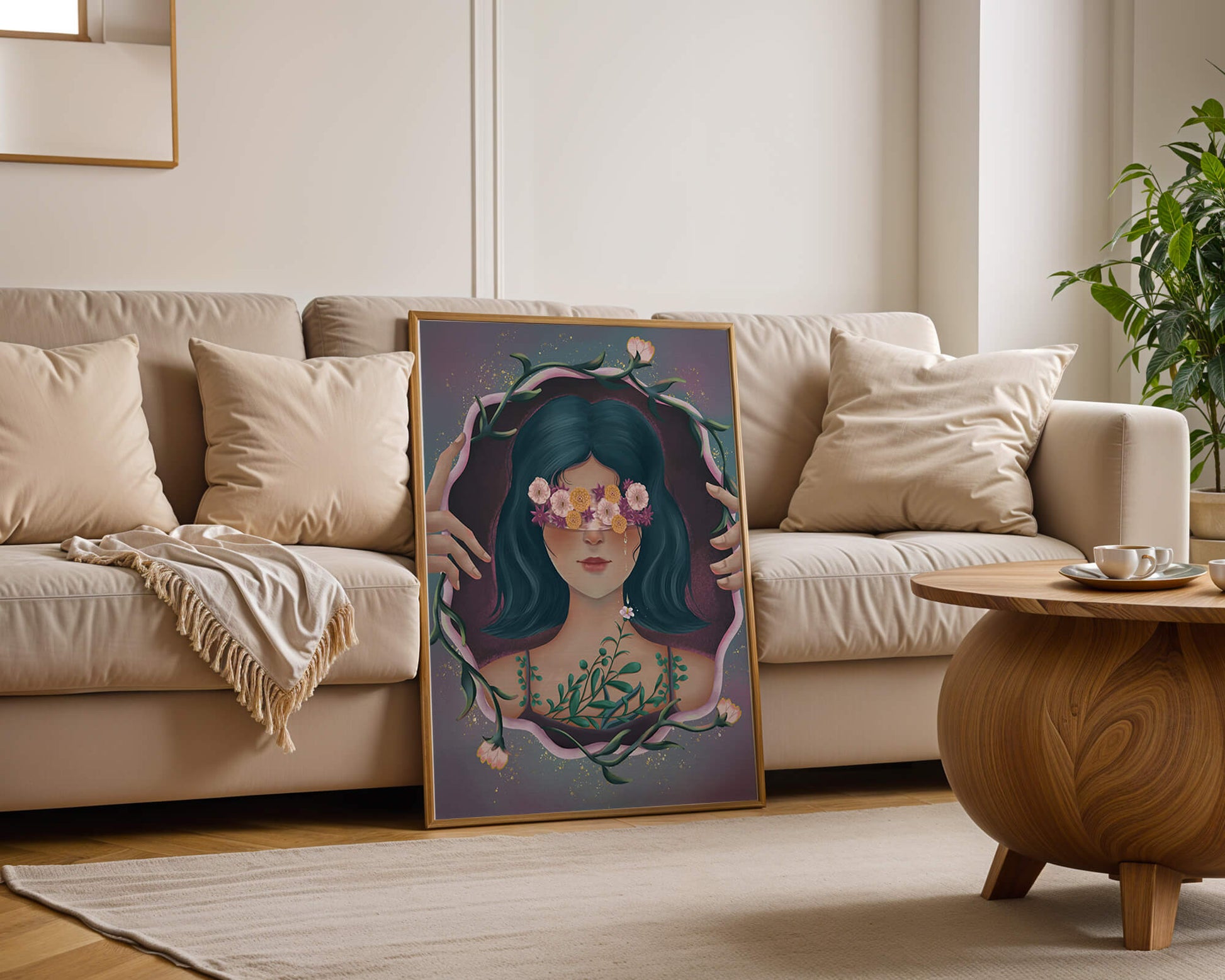 Retrato encantador de una mujer con ojos florales y cabello oscuro
