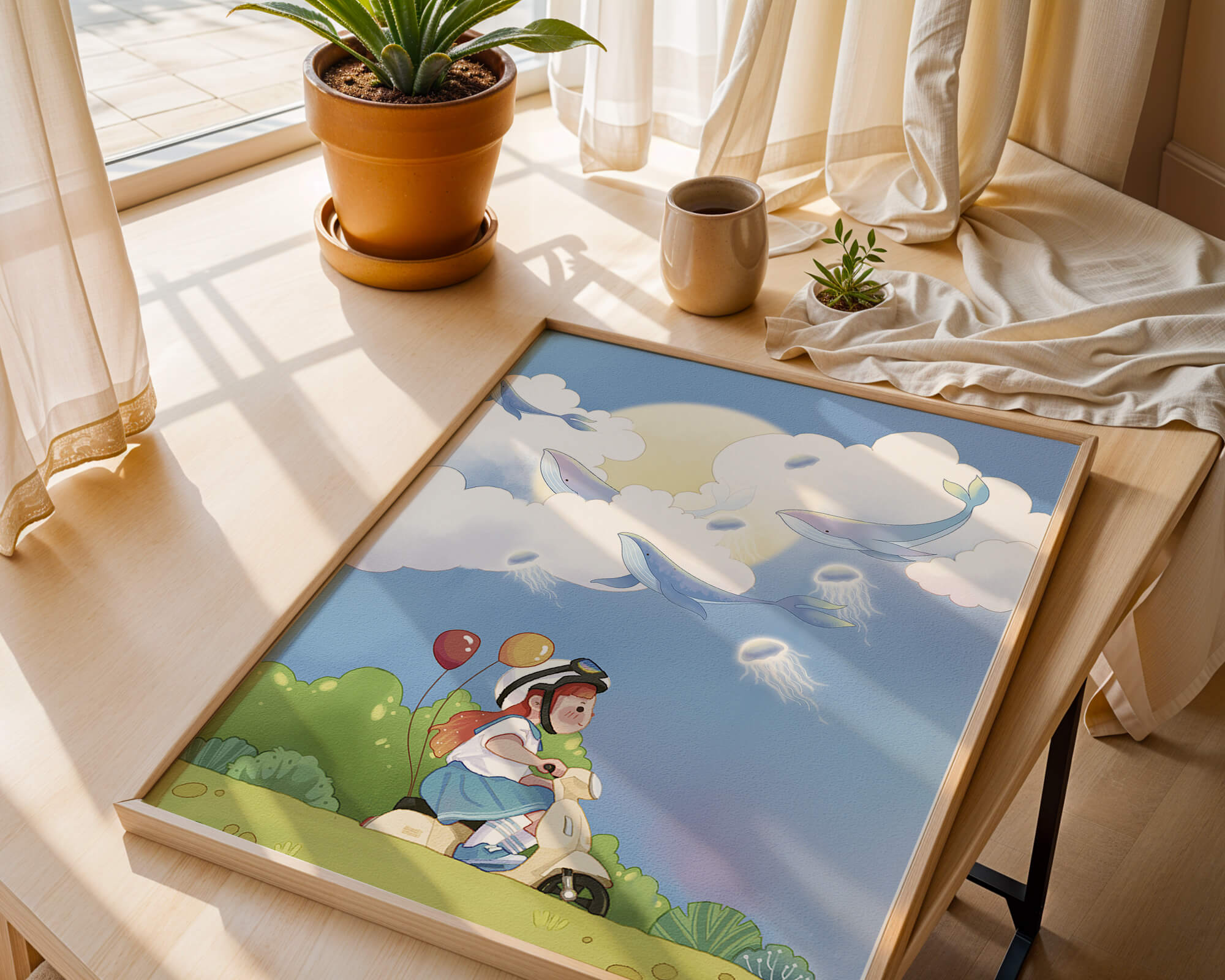 Whimsical illustration of a child riding a scooter with floating whales and balloons