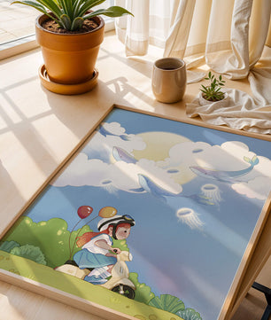 Whimsical illustration of a child riding a scooter with floating whales and balloons
