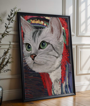 Illustrated cat portrait with colorful accents