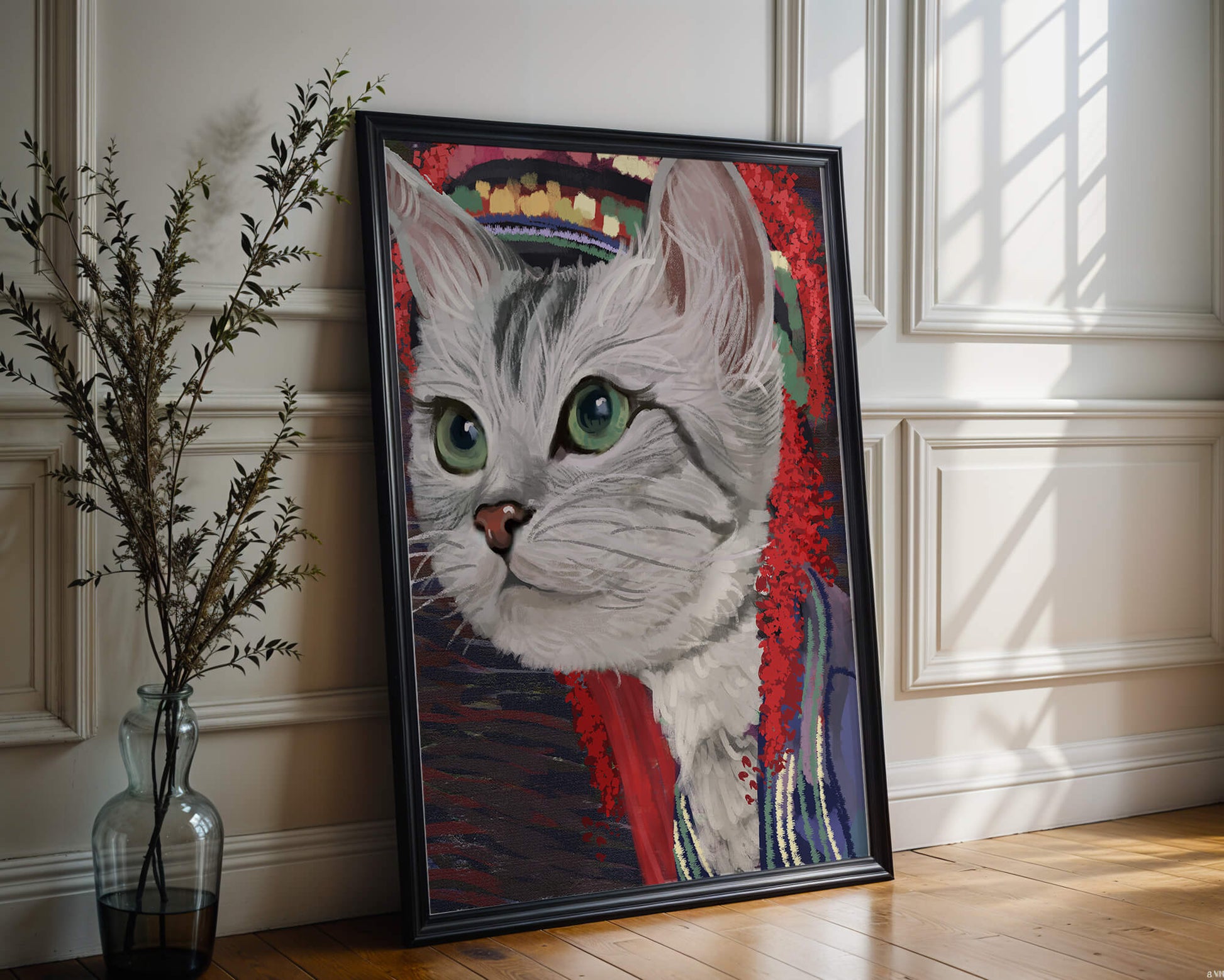 Illustrated cat portrait with colorful accents