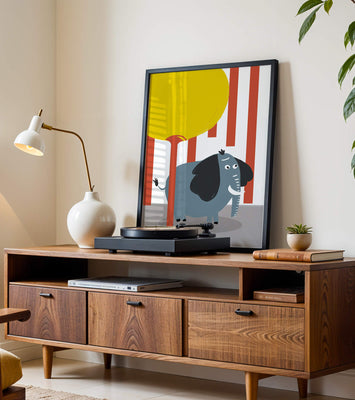 Illustration of a playful elephant with a yellow balloon in abstract setting