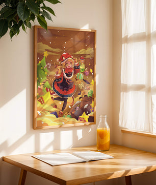 Festive anime character surrounded by gifts and holiday decor