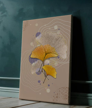Elegante Blätter des Ginkgo mit abstrakten wellenförmigen und kreisförmigen Elementen